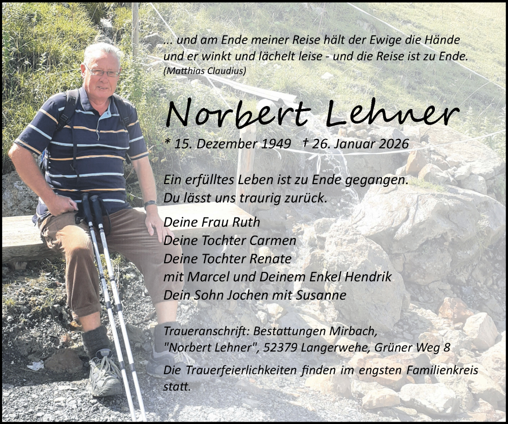  Traueranzeige für Norbert Lehner vom 08.02.2026 aus Zeitung am Sonntag