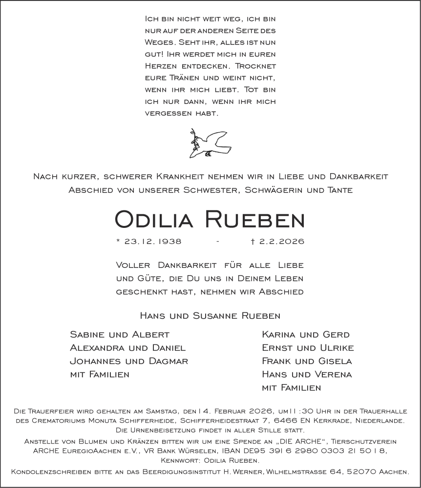  Traueranzeige für Odilia Rueben vom 11.02.2026 aus Aachener Zeitung