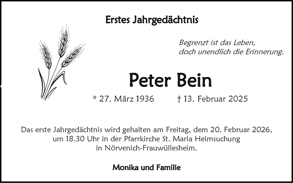  Traueranzeige für Peter Bein vom 08.02.2026 aus Zeitung am Sonntag