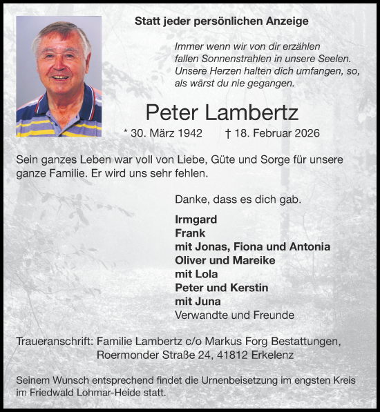Traueranzeige von Peter Lambertz von Zeitung am Sonntag