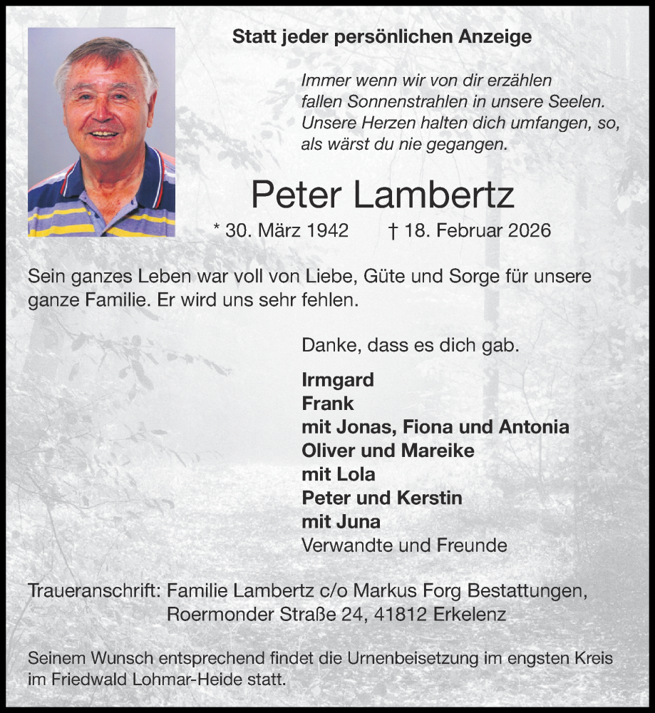  Traueranzeige für Peter Lambertz vom 22.02.2026 aus Zeitung am Sonntag