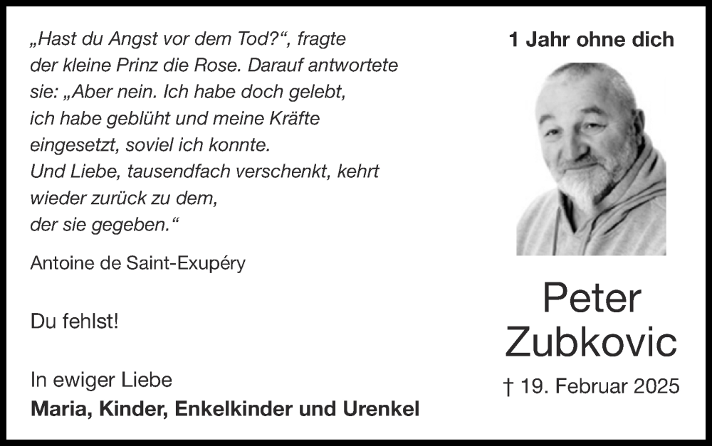  Traueranzeige für Peter Zubkovic vom 22.02.2026 aus Zeitung am Sonntag