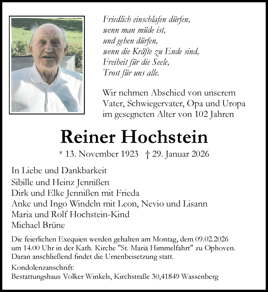  Traueranzeige für Reiner Hochstein vom 08.02.2026 aus Zeitung am Sonntag