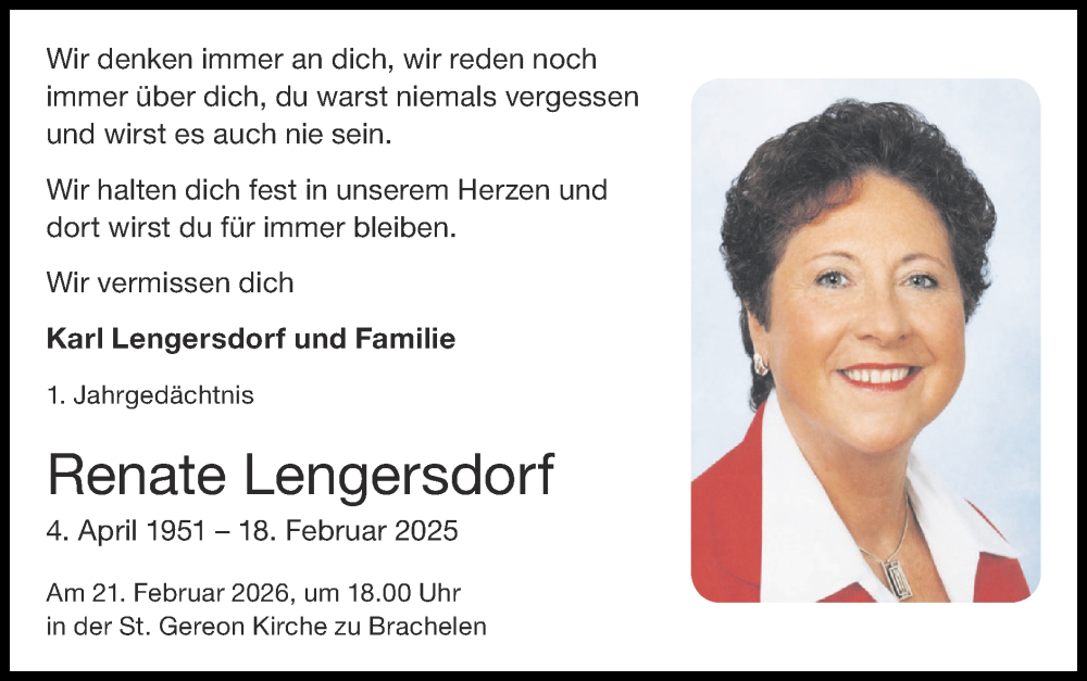  Traueranzeige für Renate Lengersdorf vom 08.02.2026 aus Zeitung am Sonntag