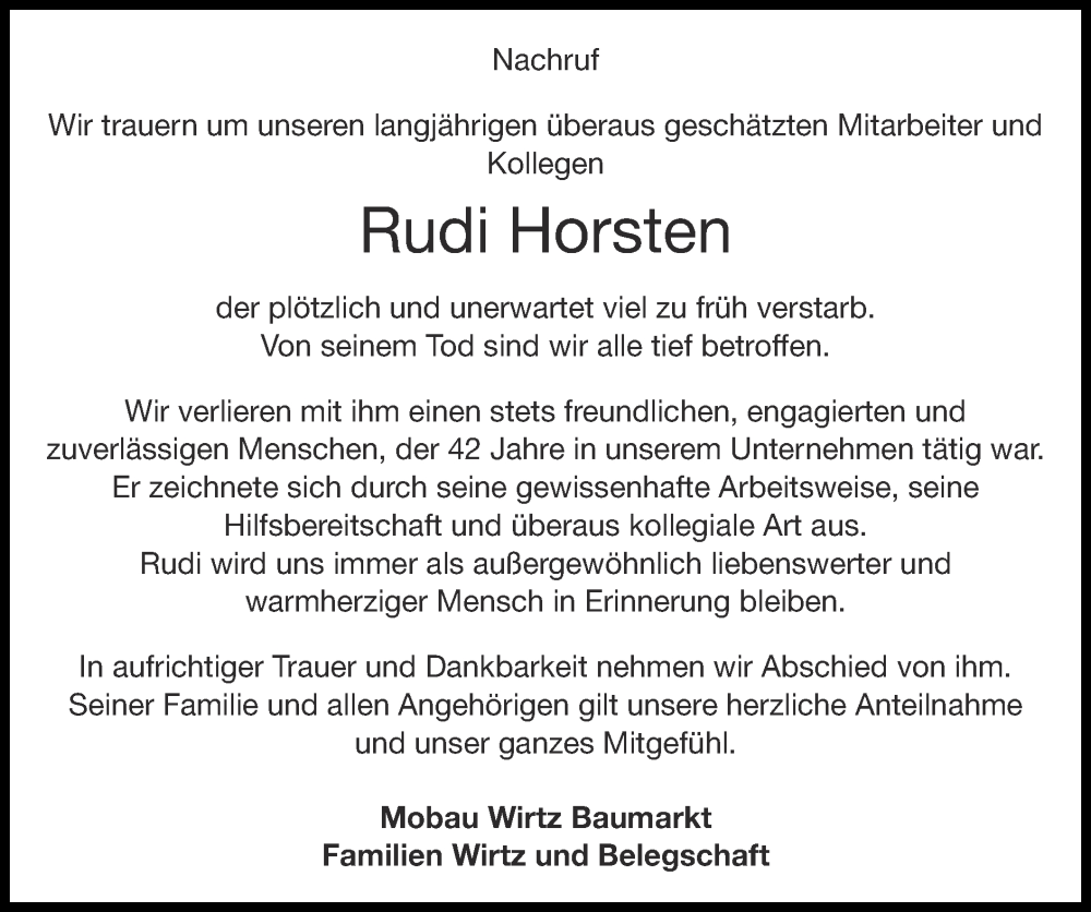 Traueranzeige für Rudi Horsten vom 22.02.2026 aus Zeitung am Sonntag