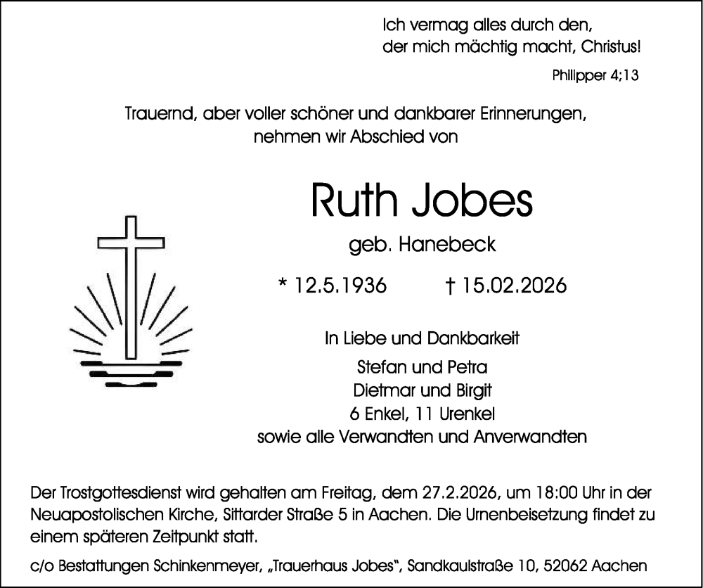  Traueranzeige für Ruth Jobes vom 22.02.2026 aus Zeitung am Sonntag
