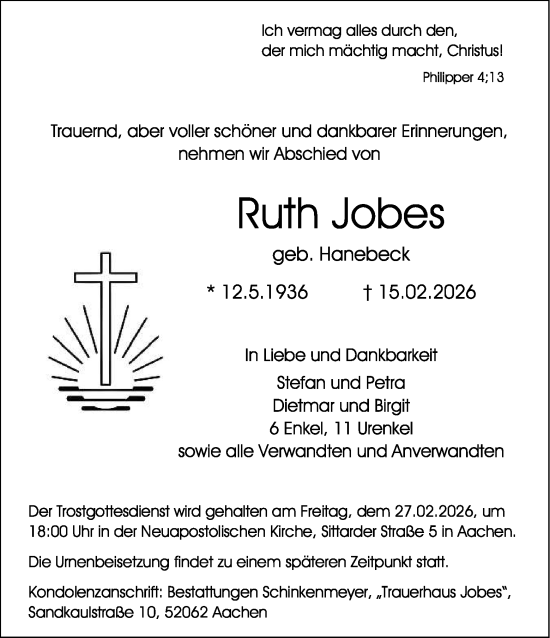 Traueranzeige von Ruth Jobes von Aachener Zeitung