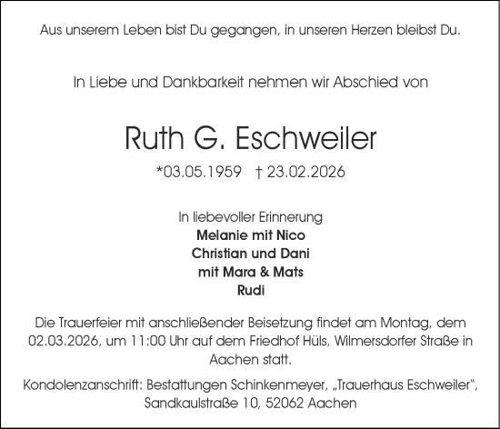 Traueranzeige von Ruth G. Eschweiler von Aachener Zeitung
