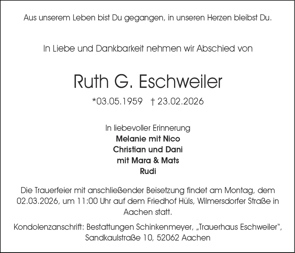  Traueranzeige für Ruth G. Eschweiler vom 28.02.2026 aus Aachener Zeitung