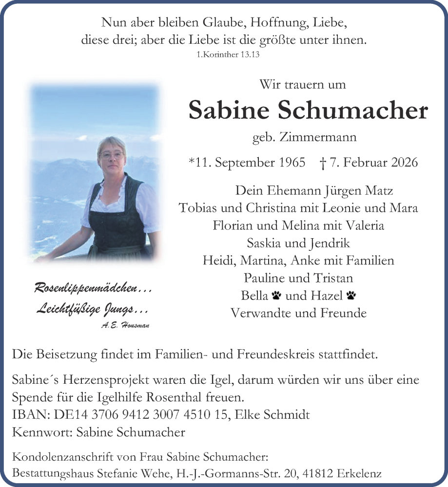  Traueranzeige für Sabine Schumacher vom 22.02.2026 aus Zeitung am Sonntag