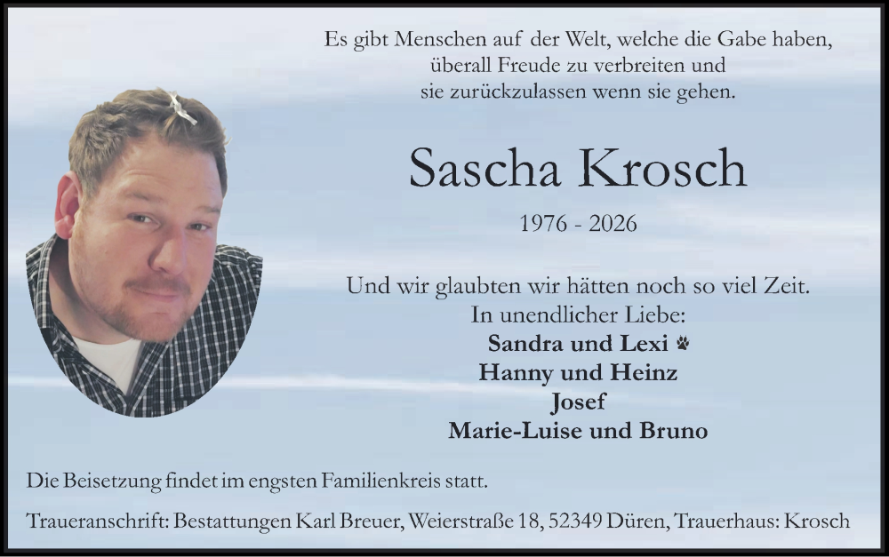  Traueranzeige für Sascha Krosch vom 15.02.2026 aus Zeitung am Sonntag