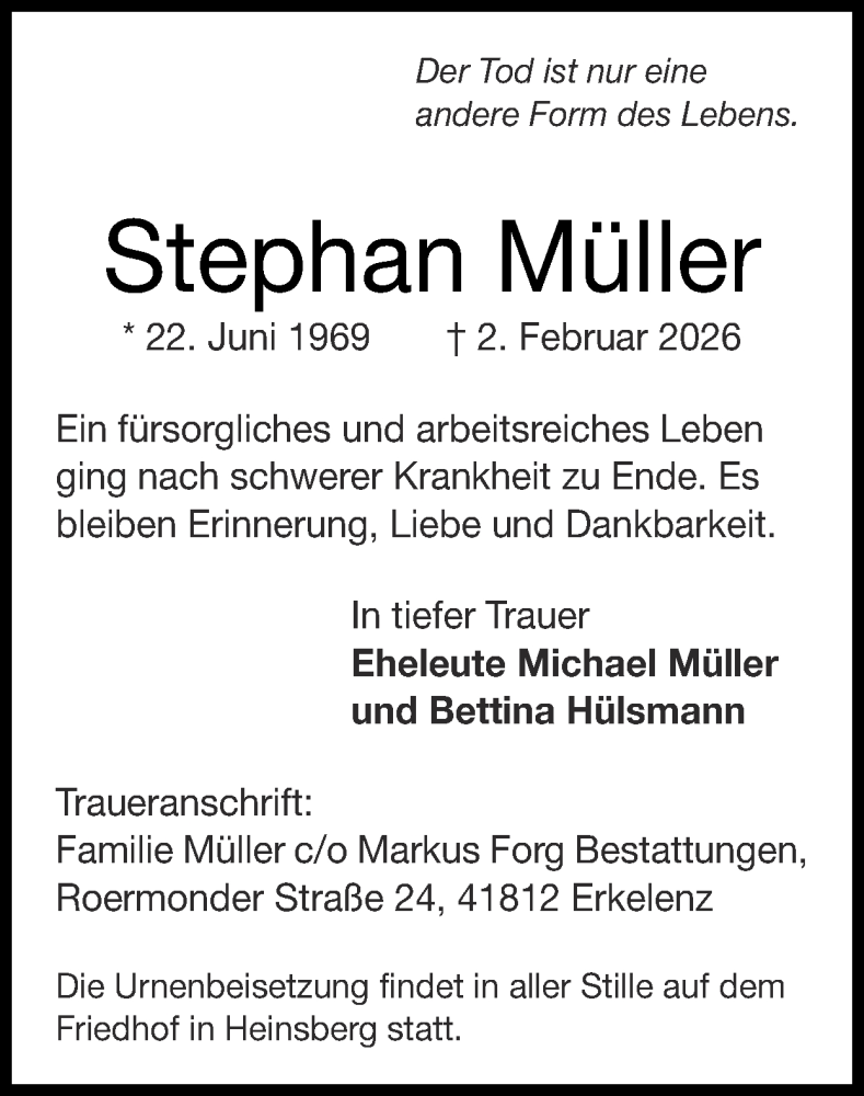  Traueranzeige für Stephan Müller vom 08.02.2026 aus Zeitung am Sonntag