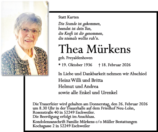Traueranzeige von Thea Mürkens von Zeitung am Sonntag