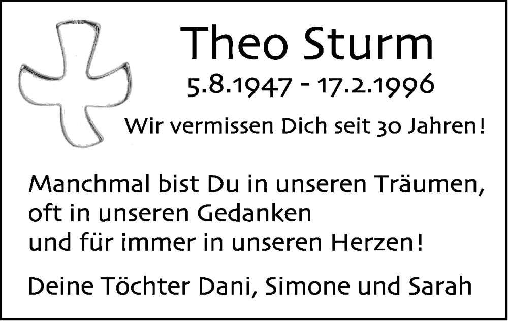  Traueranzeige für Theo Sturm vom 15.02.2026 aus Zeitung am Sonntag