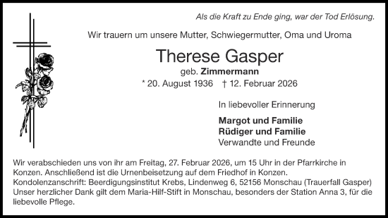Traueranzeige von Therese Gasper von Aachener Zeitung