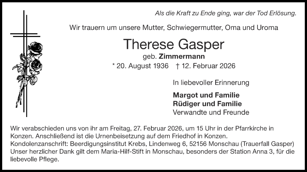  Traueranzeige für Therese Gasper vom 21.02.2026 aus Aachener Zeitung