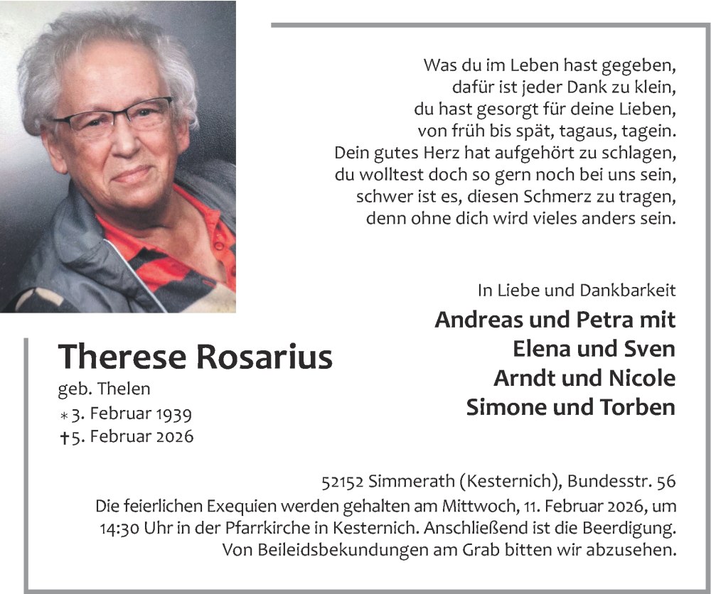  Traueranzeige für Therese Rosarius vom 08.02.2026 aus Zeitung am Sonntag