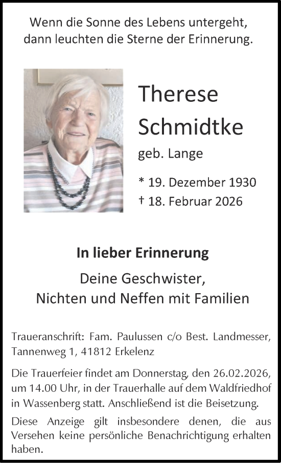 Traueranzeige von Therese Schmidtke von Zeitung am Sonntag