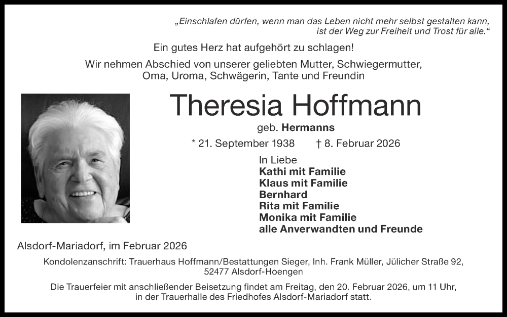  Traueranzeige für Theresia Hoffmann vom 15.02.2026 aus Zeitung am Sonntag