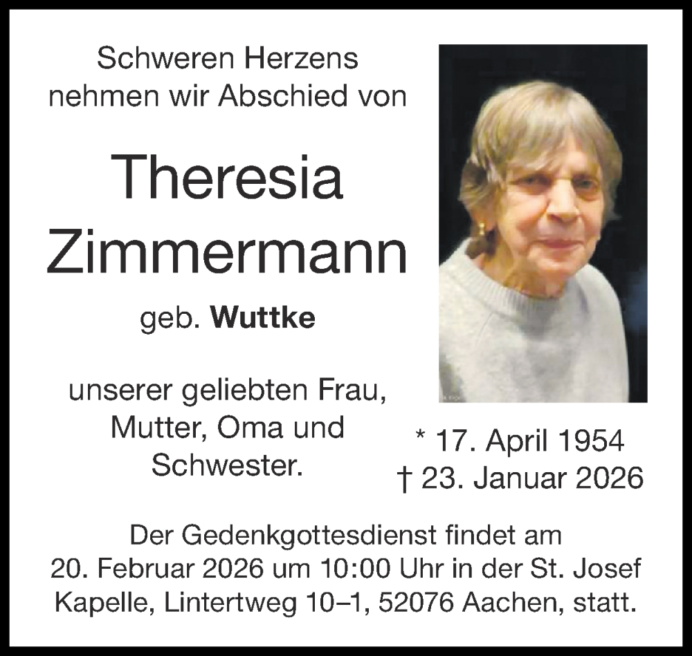  Traueranzeige für Theresia Zimmermann vom 15.02.2026 aus Zeitung am Sonntag