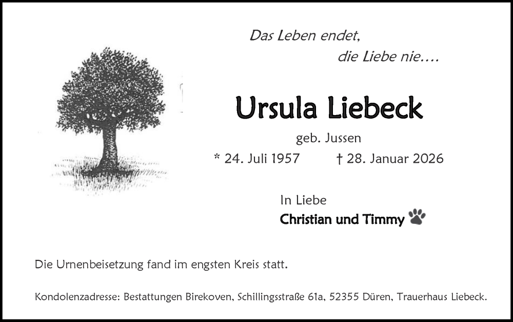  Traueranzeige für Ursula Liebeck vom 22.02.2026 aus Zeitung am Sonntag