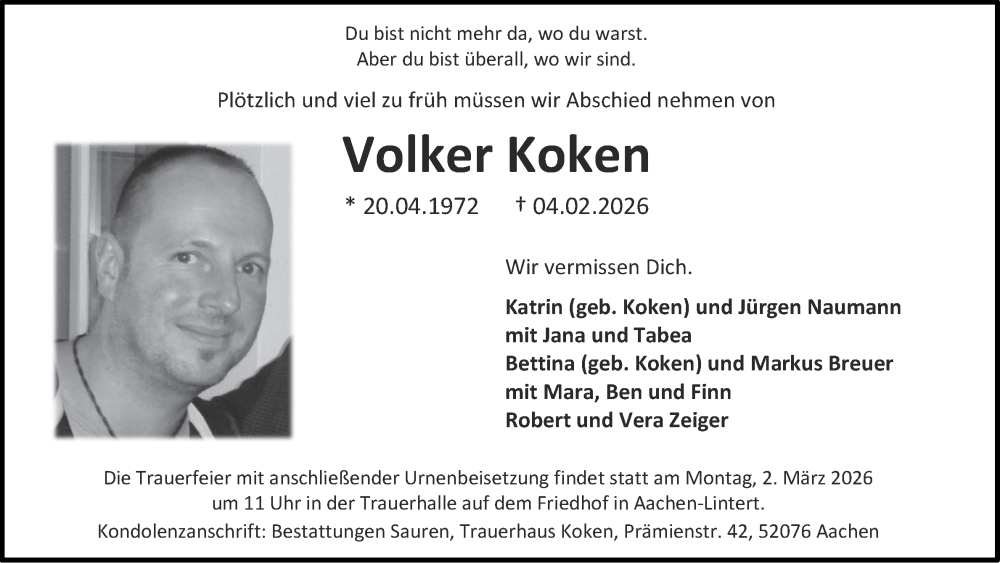  Traueranzeige für Volker Koken vom 21.02.2026 aus Aachener Zeitung