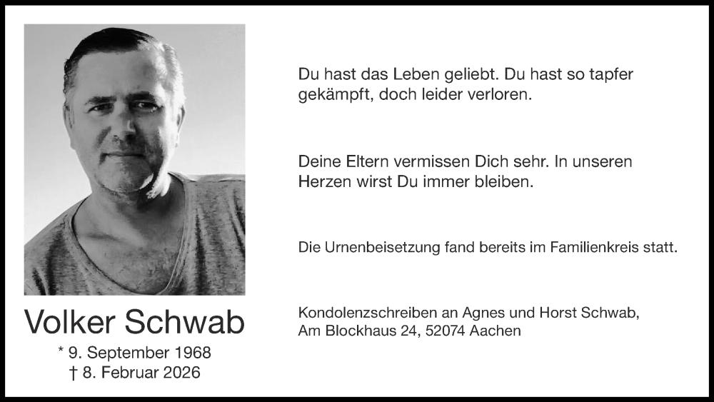 Traueranzeige für Volker Schwab vom 21.02.2026 aus Aachener Zeitung