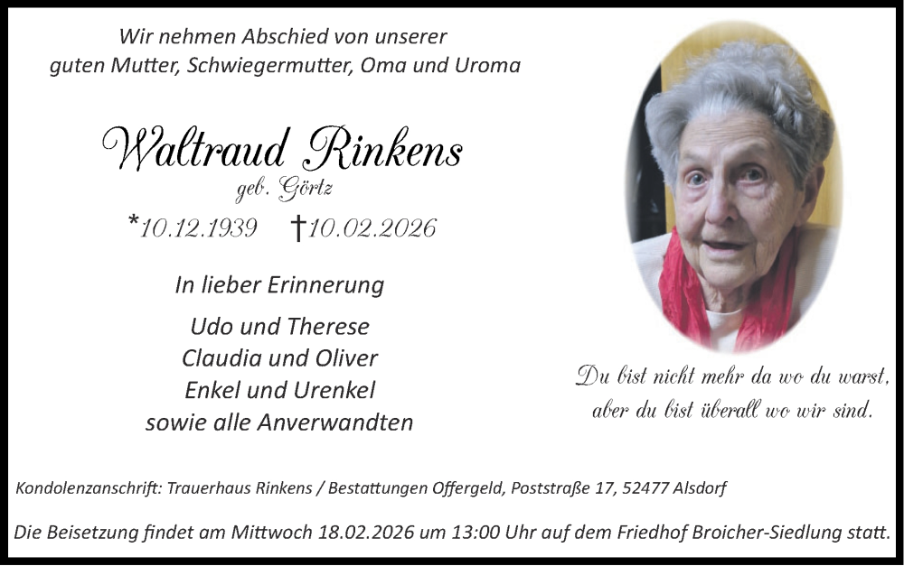  Traueranzeige für Waltraud Rinkens vom 15.02.2026 aus Zeitung am Sonntag