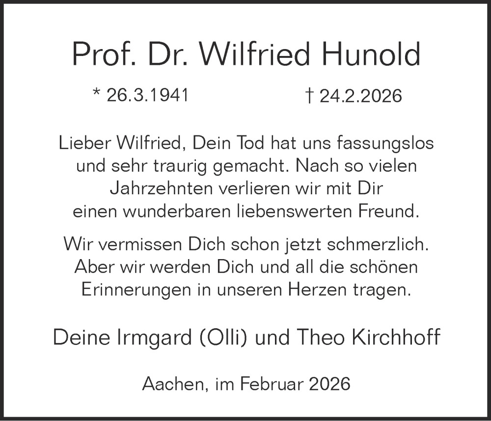  Traueranzeige für Wilfried Hunold vom 28.02.2026 aus Aachener Zeitung