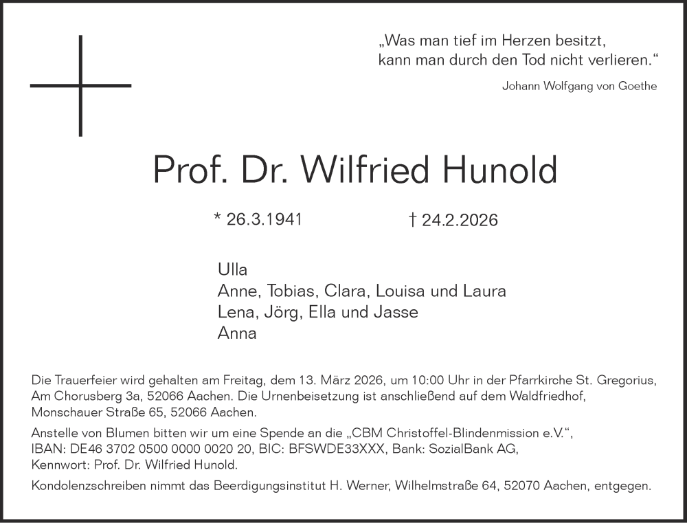  Traueranzeige für Wilfried Hunold vom 28.02.2026 aus Aachener Zeitung