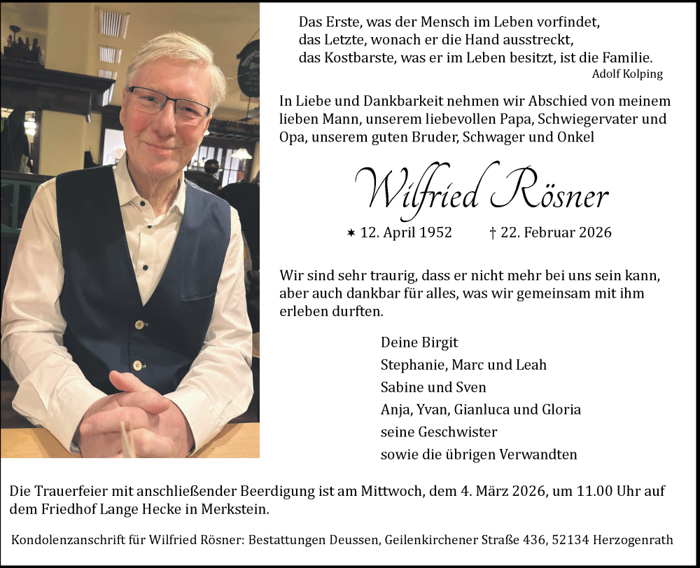  Traueranzeige für Wilfried Rösner vom 01.03.2026 aus Zeitung am Sonntag
