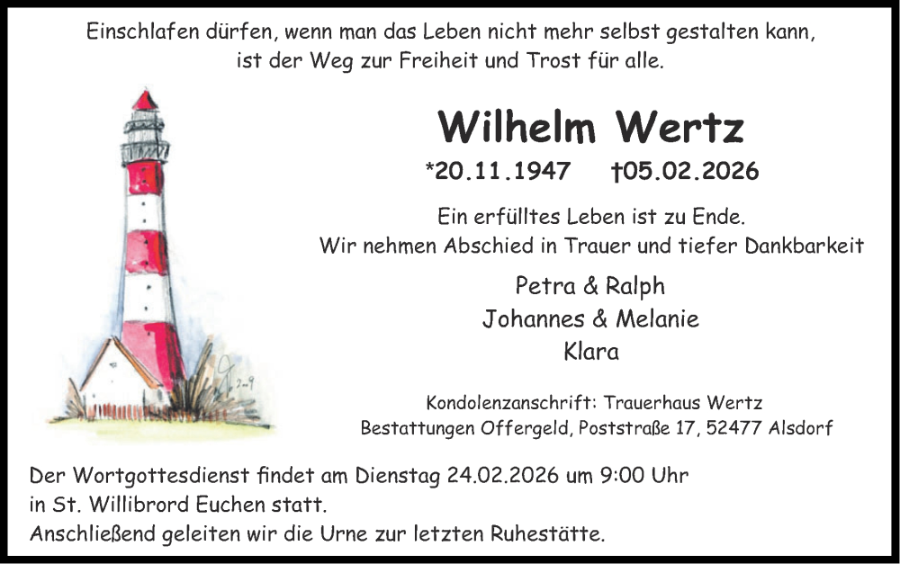  Traueranzeige für Wilhelm Wertz vom 22.02.2026 aus Zeitung am Sonntag