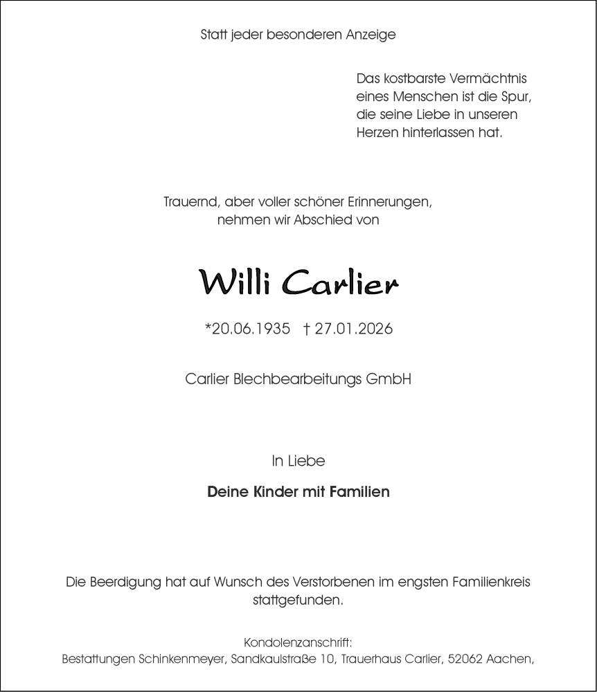  Traueranzeige für Willi Carlier vom 28.02.2026 aus Aachener Zeitung