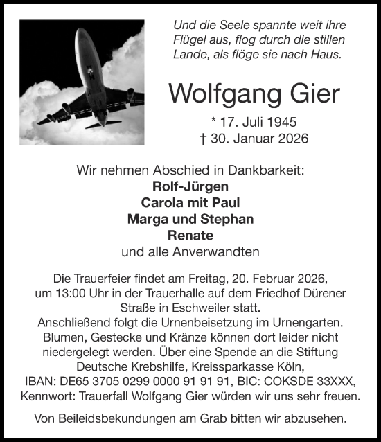 Traueranzeige von Wolfgang Gier von Aachener Zeitung