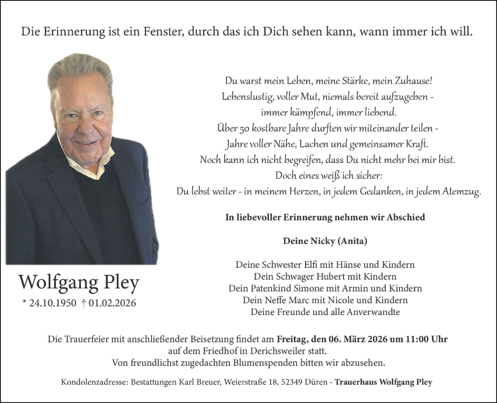  Traueranzeige für Wolfgang Pley vom 22.02.2026 aus Zeitung am Sonntag