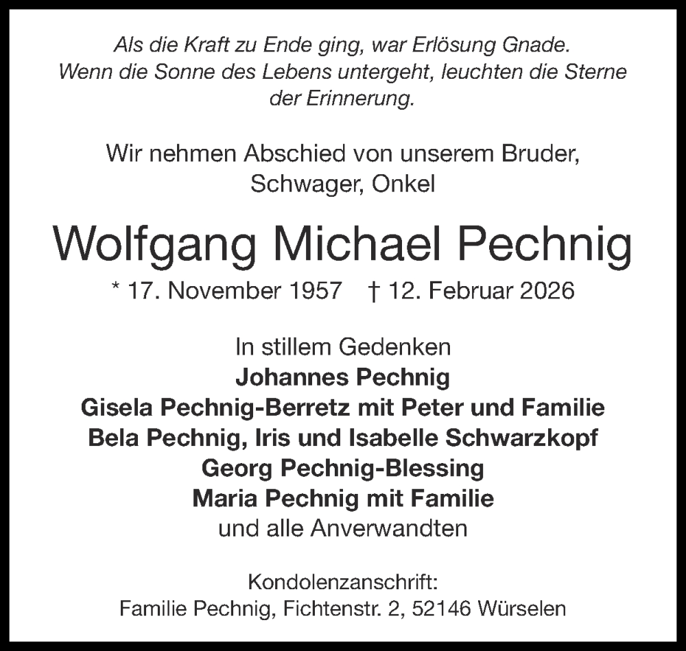  Traueranzeige für Wolfgang Michael Pechnig vom 22.02.2026 aus Zeitung am Sonntag