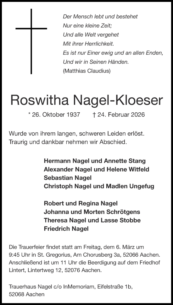 Traueranzeige von Roswitha Nagel-Kloeser von Aachener Zeitung